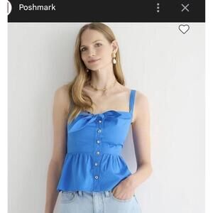 J Crew Top Womens 10 Tie Front Button Up Peplum Waist Cotton Royal Blue Tank